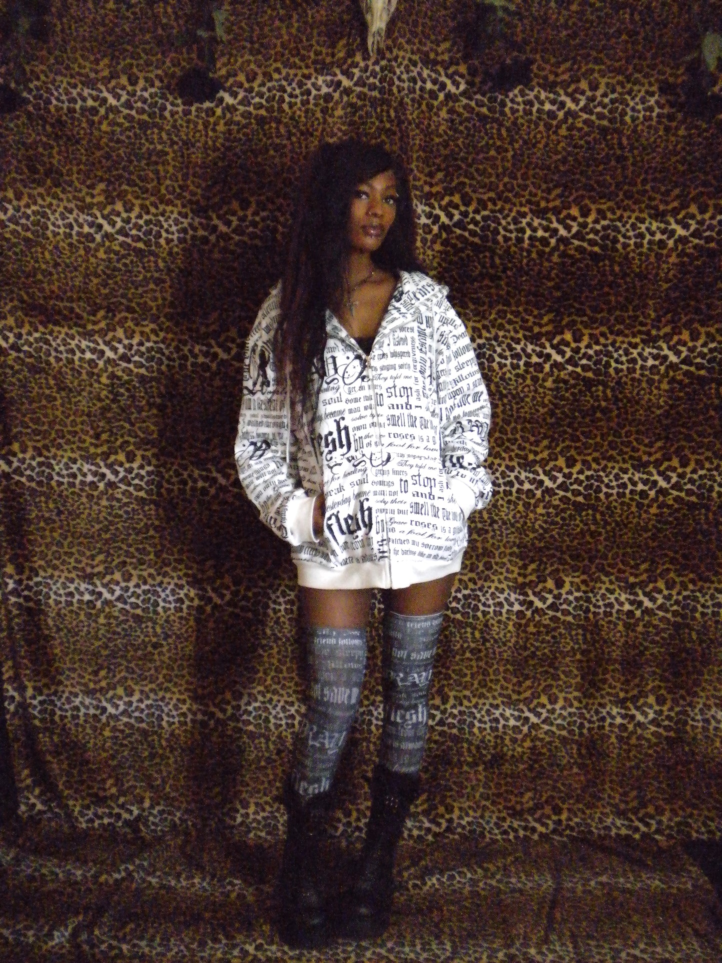 Pray Flesh Tears Black Thigh High Socks