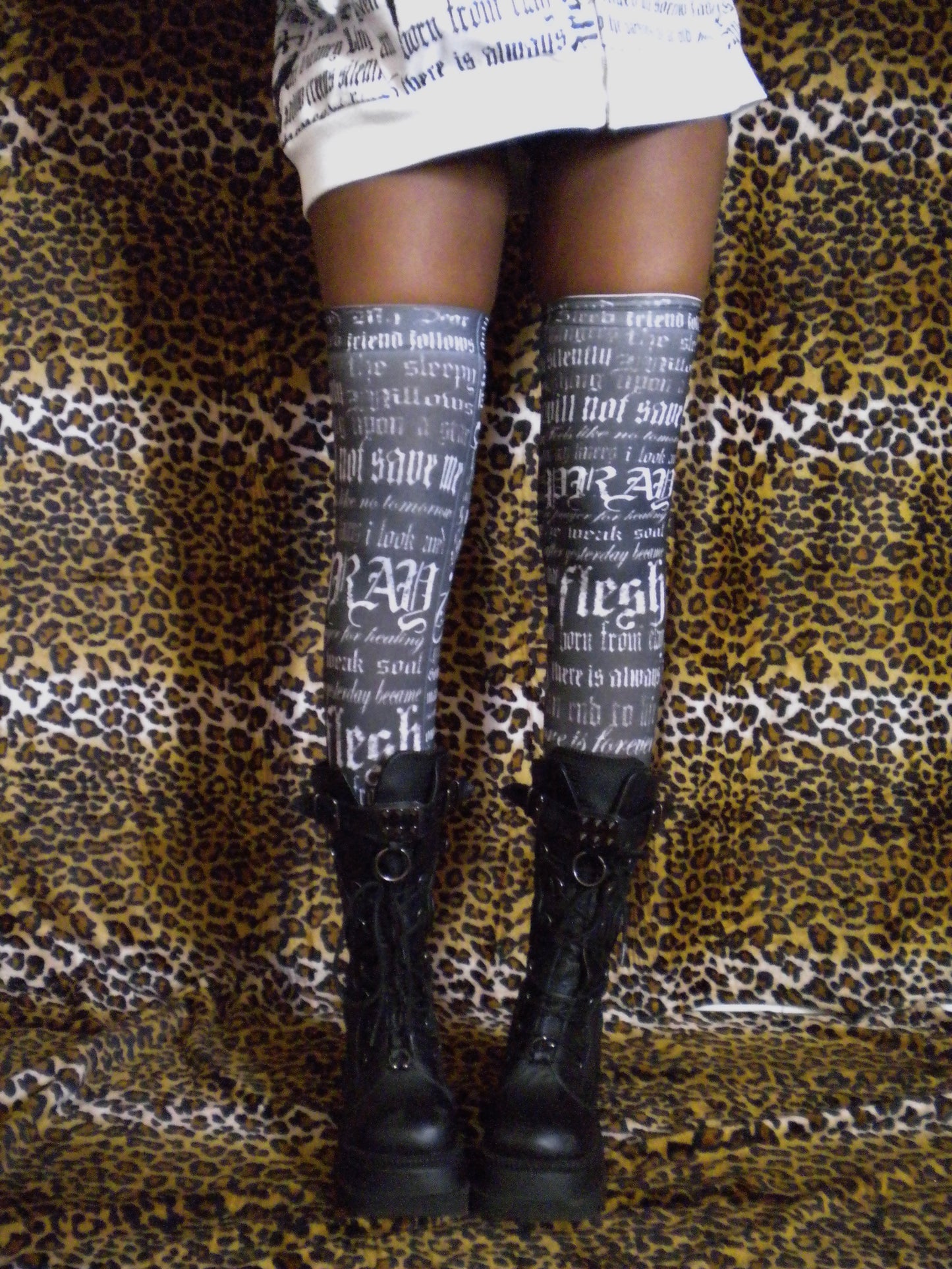 Pray Flesh Tears Black Thigh High Socks